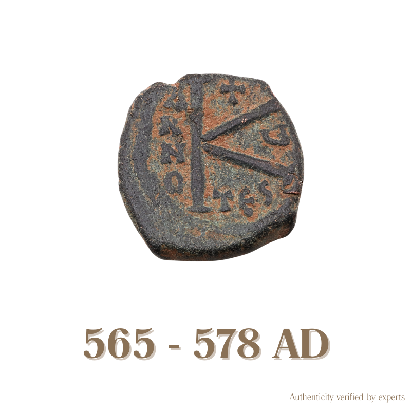 Justin II with Sophia Half Follis • Byzantine Empire • Bronze Coin • 565-578 AD