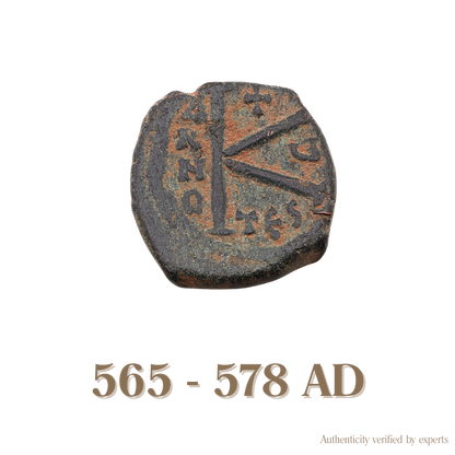 Justin II with Sophia Half Follis • Byzantine Empire • Bronze Coin • 565-578 AD