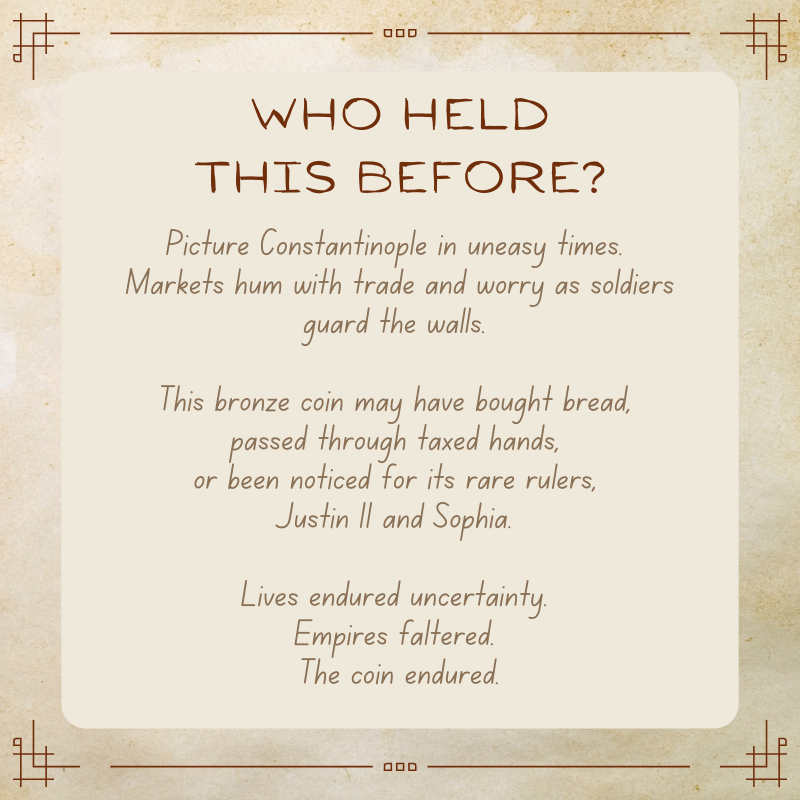 Justin II with Sophia Half Follis • Byzantine Empire • Bronze Coin • 565-578 AD