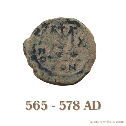 Justin II with Sophia Follis • Byzantine Empire • Bronze Coin • 565-578 AD