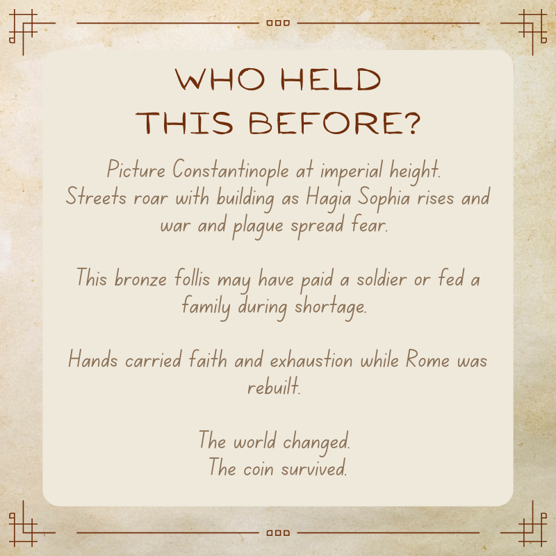 Justinian I Follis • Byzantine Empire • Bronze Coin • 527-565 AD