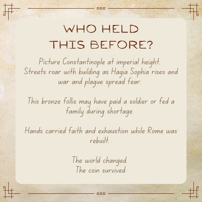 Justinian I Follis • Byzantine Empire • Bronze Coin • 527-565 AD