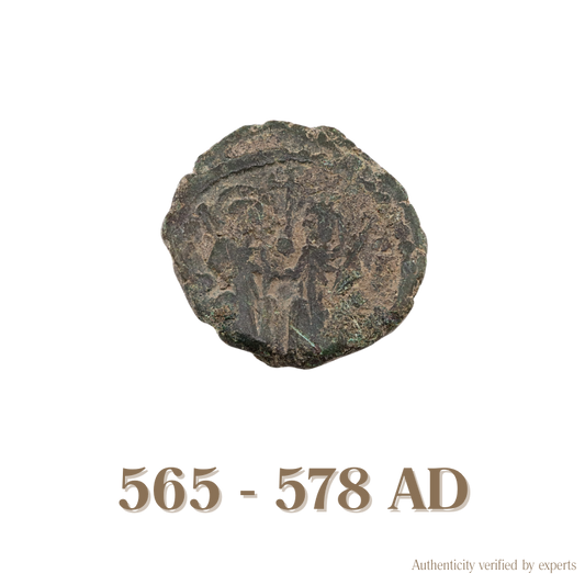 Justin II with Sophia Decanummium • Byzantine Empire • Bronze Coin • 565-578 AD