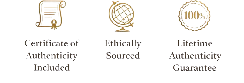 Three icons with text 'Certificate of Authenticity Included', 'Ethically Sourced', and 'Lifetime Authenticity Guarantee' on a white background.